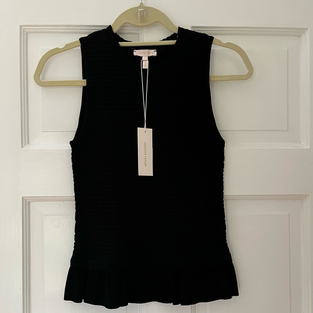 Rebecca Taylor Womens Texture Stripe Ruffle Peplum Tank Top Blouse Black